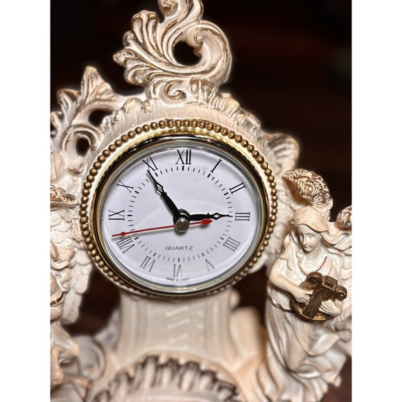 Vintage Double Angel Resin Desk Mantel Quartz Clock White/Gold Working - Picture 5 of 10